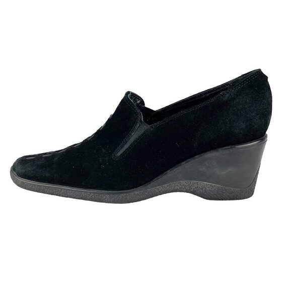 Vintage Aquatalia Marvin K Wedge Black Suede Slip On Shoes Whipstitch Accent s8 - Picture 6 of 9